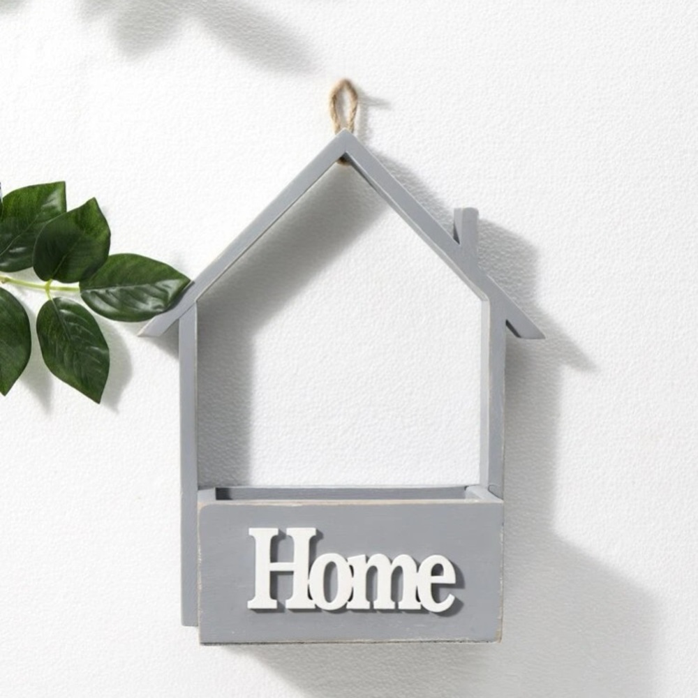 NWT- Gray House-Shaped Wooden Wall Decor Organizer Box with 'Home' Sign